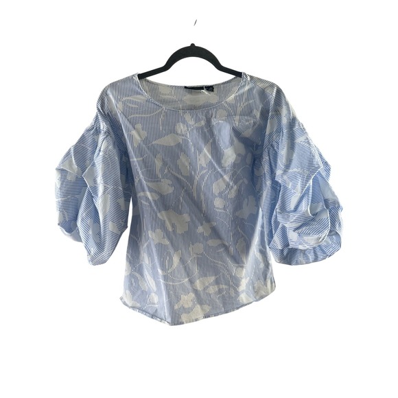 Halogen Tops - Halogen Womens Blue White Striped Floral Puff Sleeve Blouse Coastal, Nautical